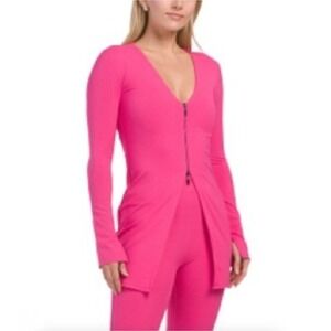 Naked‎ Wardrobe Pink Long Sleeve Cardigan Sweater Top Size Large Ribbed Knit Zip